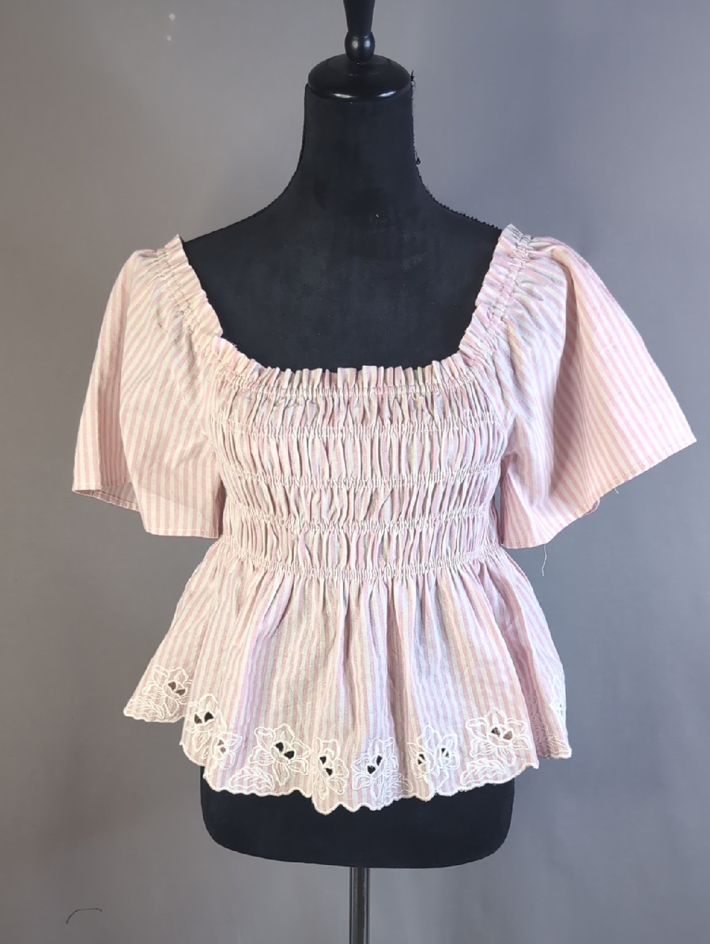 Various Sizes- Hem & Thread Pink Striped Smocked Peplum Blouse w/ Eyelet Hem-NWT